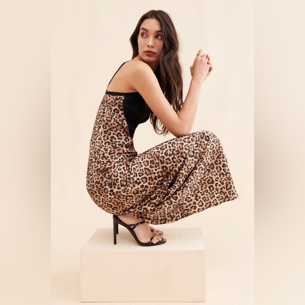 New Free People x Ronny Kobo Malo Lace Trim Leopard Slip Dress Gown sz S